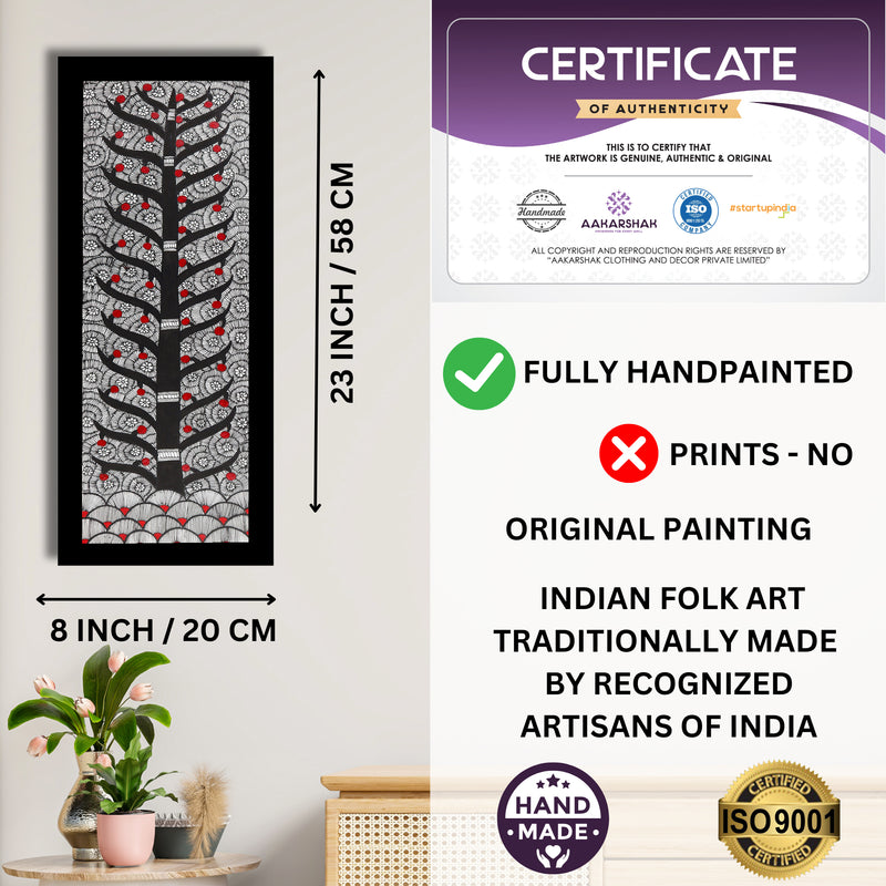 Framed artwork with dimensions, authenticity certificate and handmade iso certified-tree of life madhubani painting