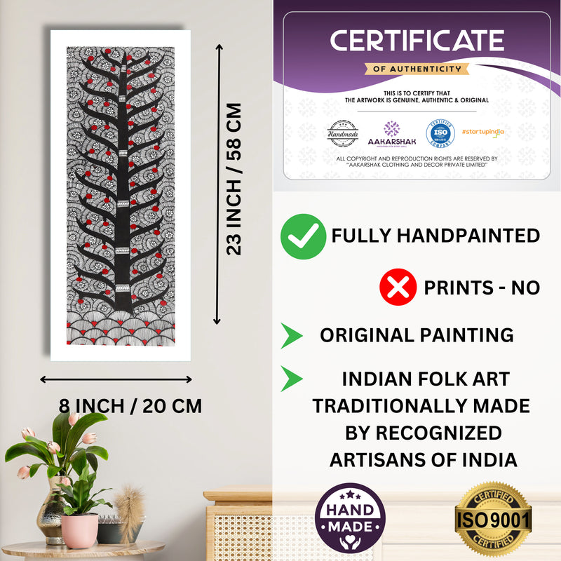 Framed artwork with dimensions, authenticity certificate and handmade iso certified-tree of life madhubani painting