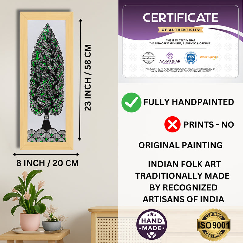 Framed artwork with dimensions, authenticity certificate and handmade iso certified-tree of life madhubani painting