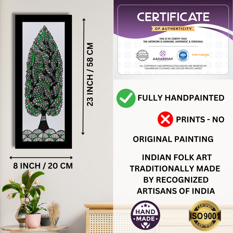 Framed artwork with dimensions, authenticity certificate and handmade iso certified-tree of life madhubani painting