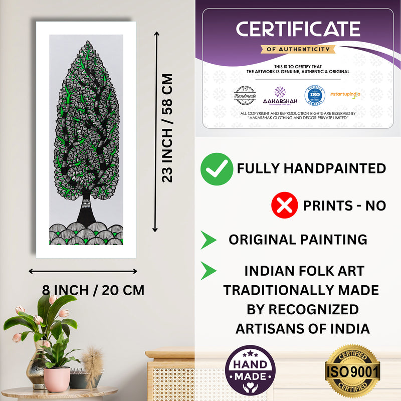 Framed artwork with dimensions, authenticity certificate and handmade iso certified-tree of life madhubani painting