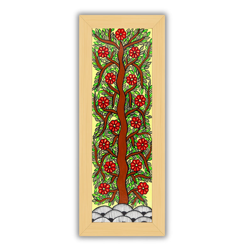 Framed artwork of a colorful tree of life-with handmade madhubani painting