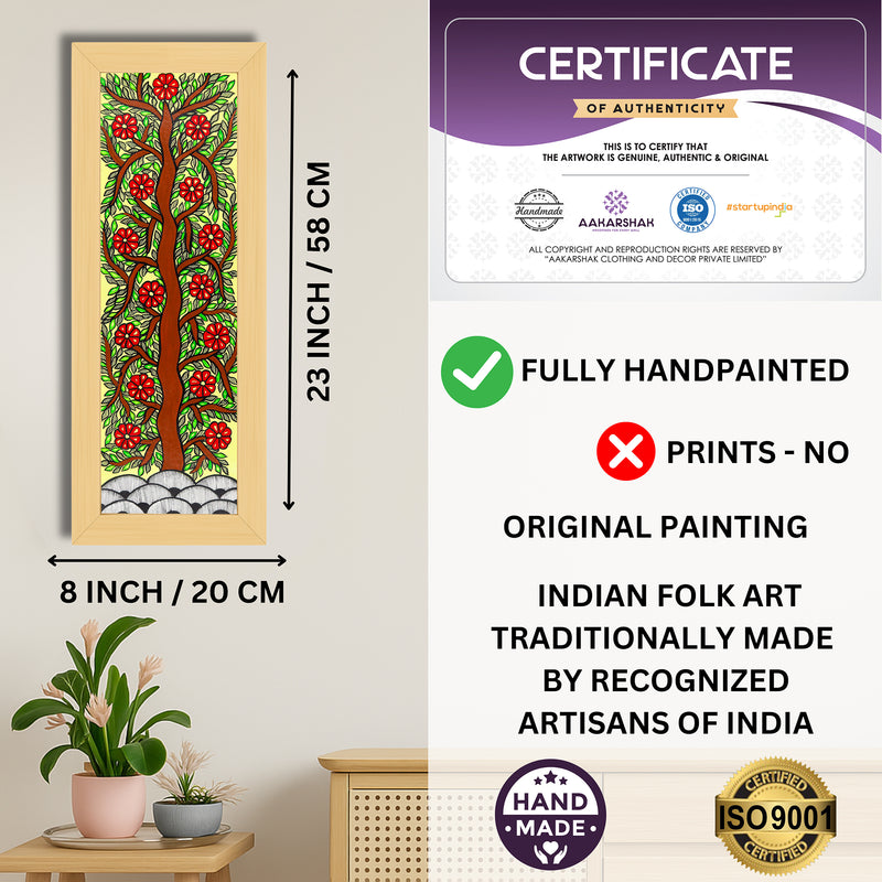 Framed artwork with dimensions, authenticity certificate and handmade iso certified-tree of life madhubani painting