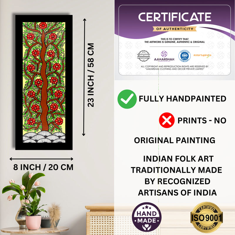 Framed artwork with dimensions, authenticity certificate and handmade iso certified-tree of life madhubani painting