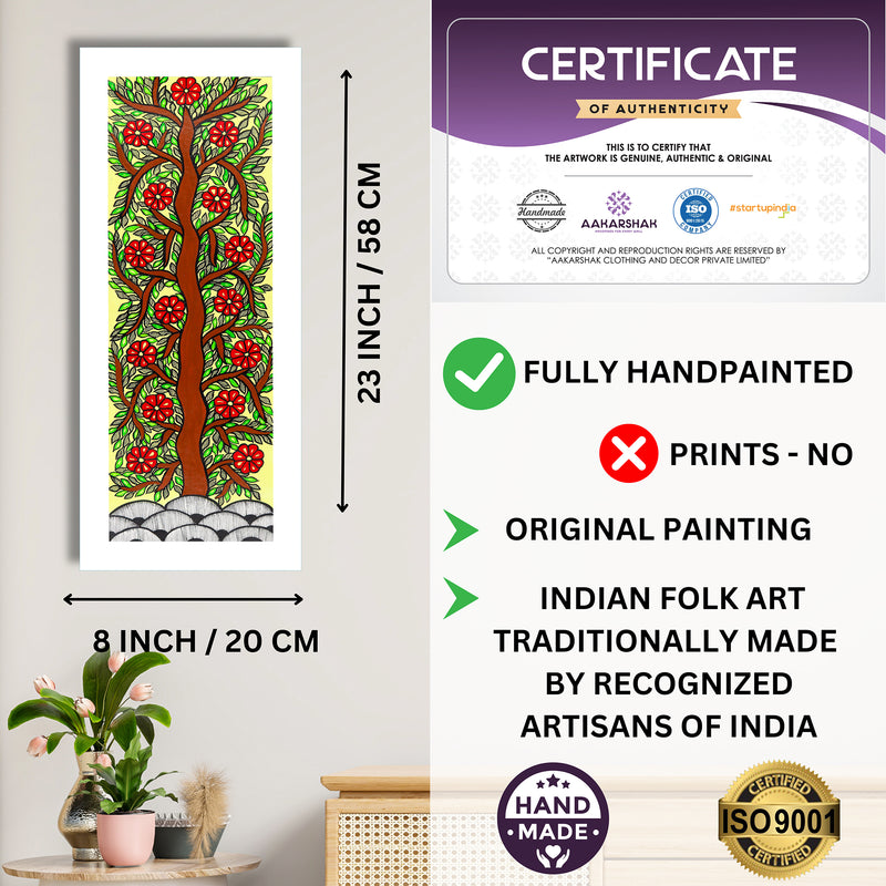 Framed artwork with dimensions, authenticity certificate and handmade iso certified-tree of life madhubani painting