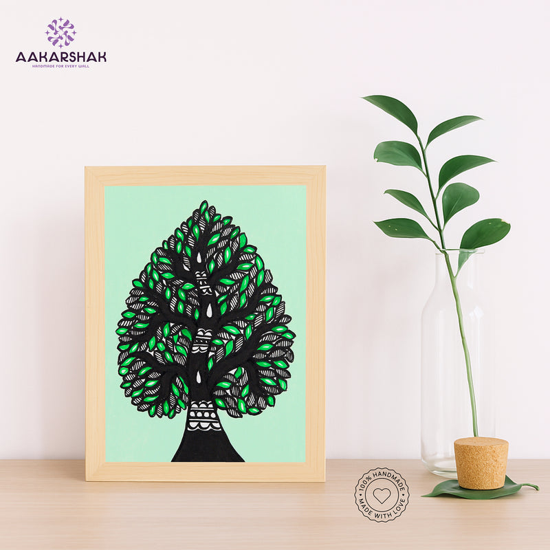 Handmade Madhubani tree of life painting-with tabletop stand for home decor