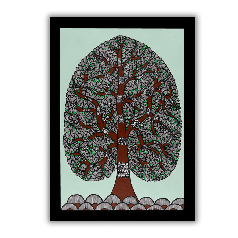 Framed artwork of a colorful tree of life-with handmade madhubani