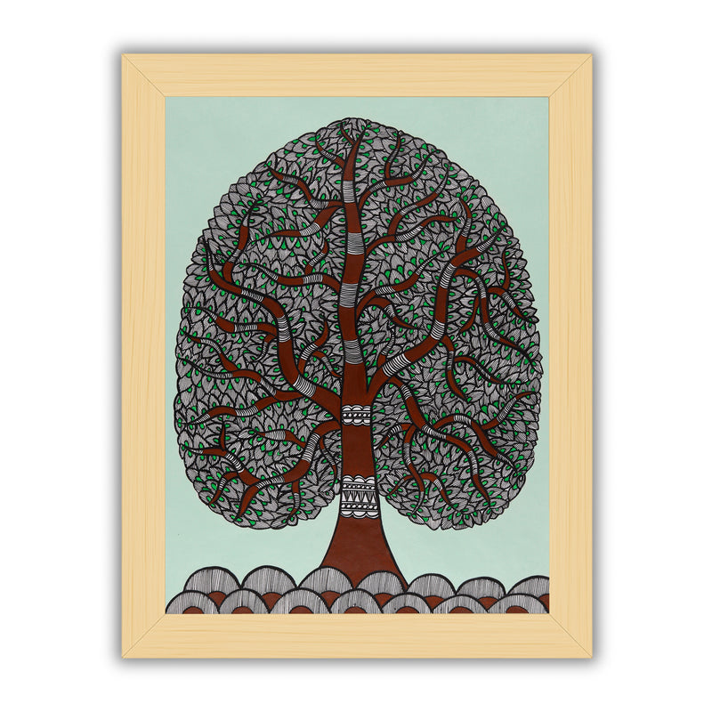 Framed artwork of a colorful tree of life-with handmade madhubani