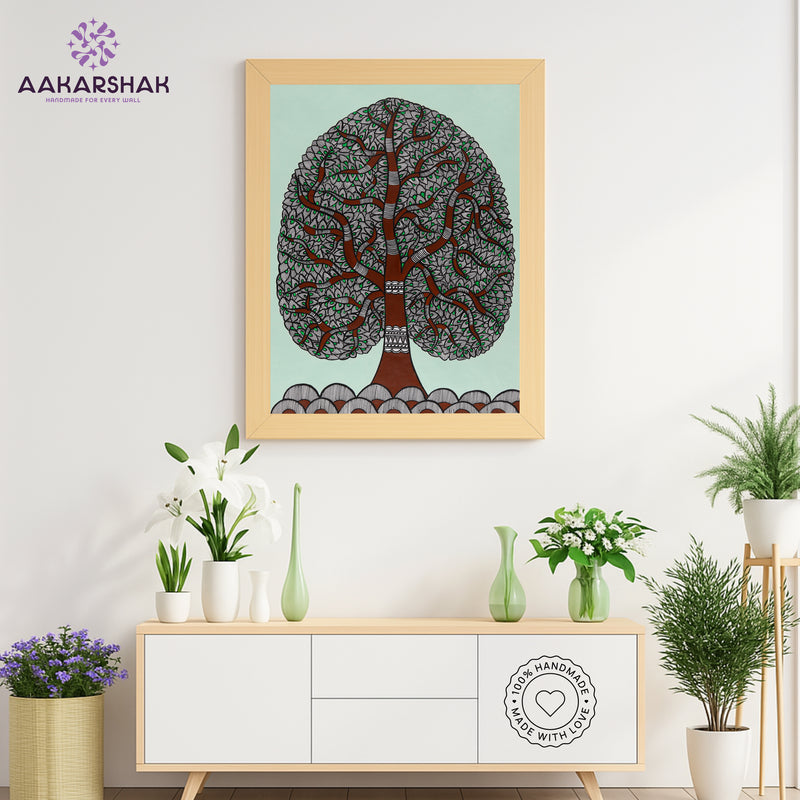 Framed artwork with tree of life design -handmade madhubani painting for home decor