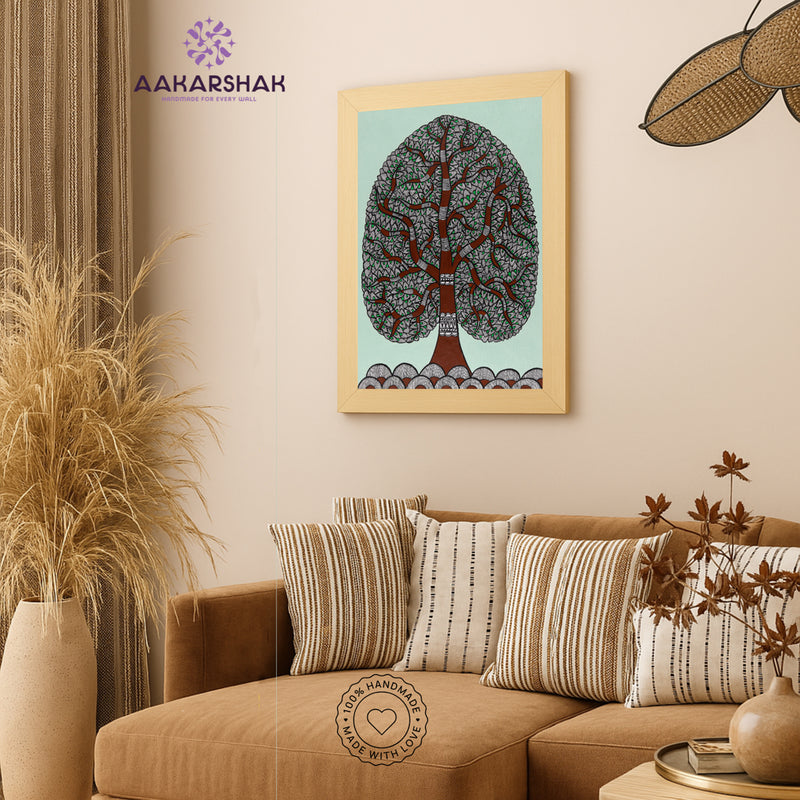 vibrant handmade tree of life painting-depicting indian folk