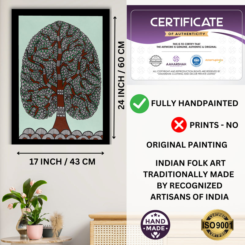 Framed artwork with dimensions, authenticity certificate and handmade iso certified-tree of life madhubani painting