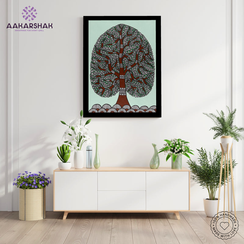 Framed artwork with tree of life design -handmade madhubani painting for home decor