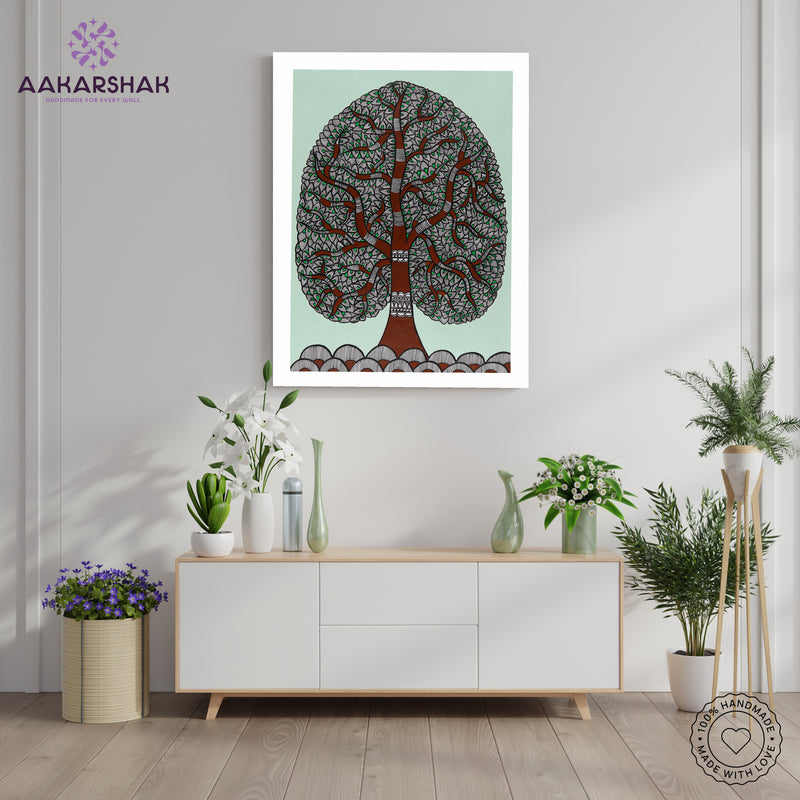 Framed artwork with tree of life design -handmade madhubani painting for home decor