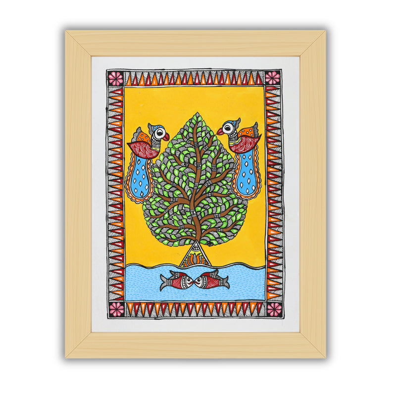 Framed artwork of a colorful tree of life-with handmade madhubani painting