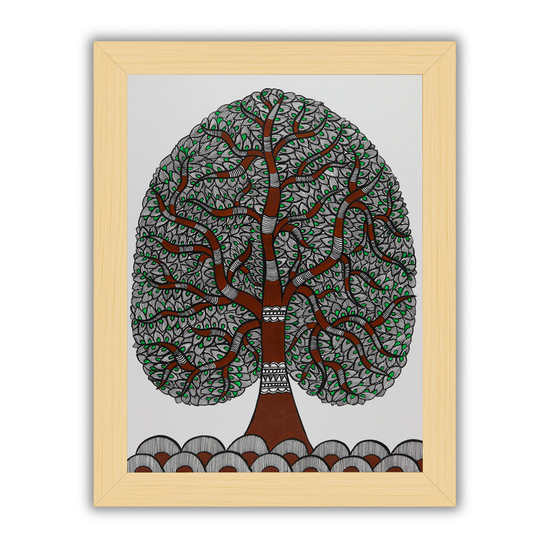 Framed artwork of a colorful tree of life-with handmade madhubani