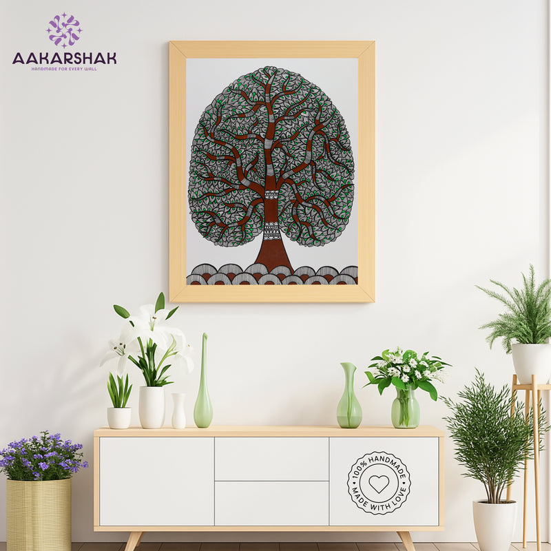 Framed artwork with tree of life design -handmade madhubani painting for home decor