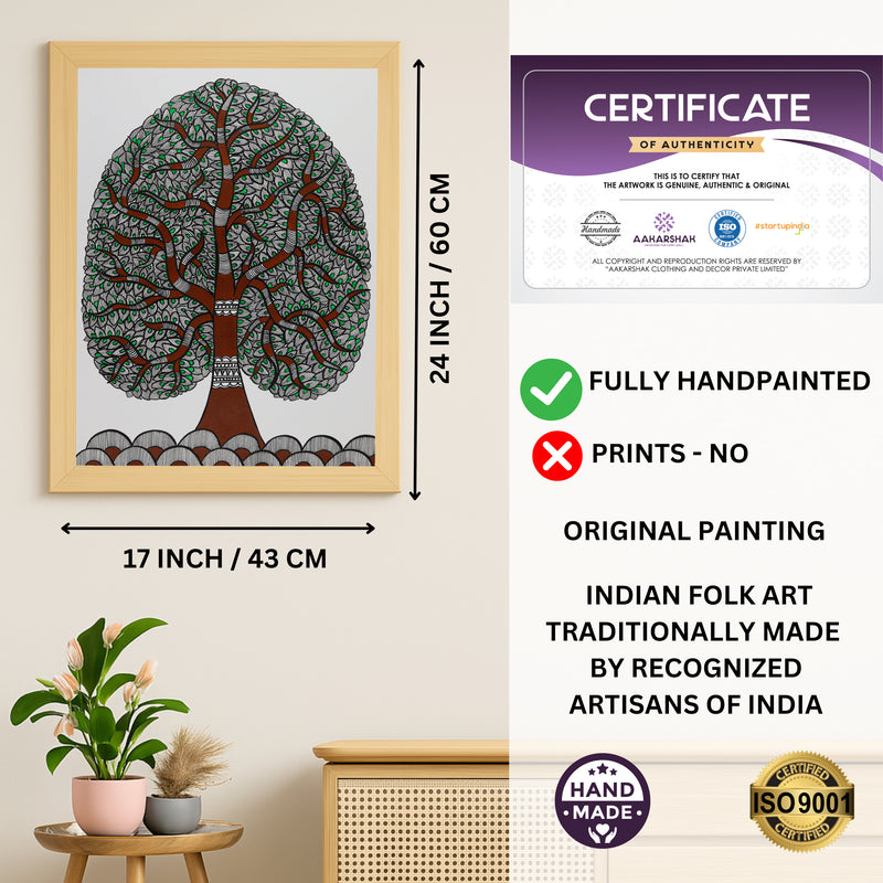 Framed artwork with dimensions, authenticity certificate and handmade iso certified-tree of life madhubani painting