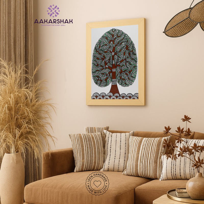 vibrant handmade tree of life painting-depicting indian folk