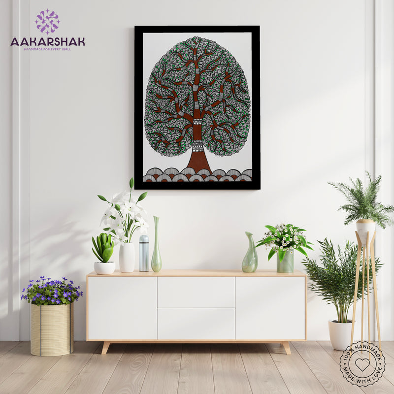 Framed artwork with tree of life design -handmade madhubani painting for home decor