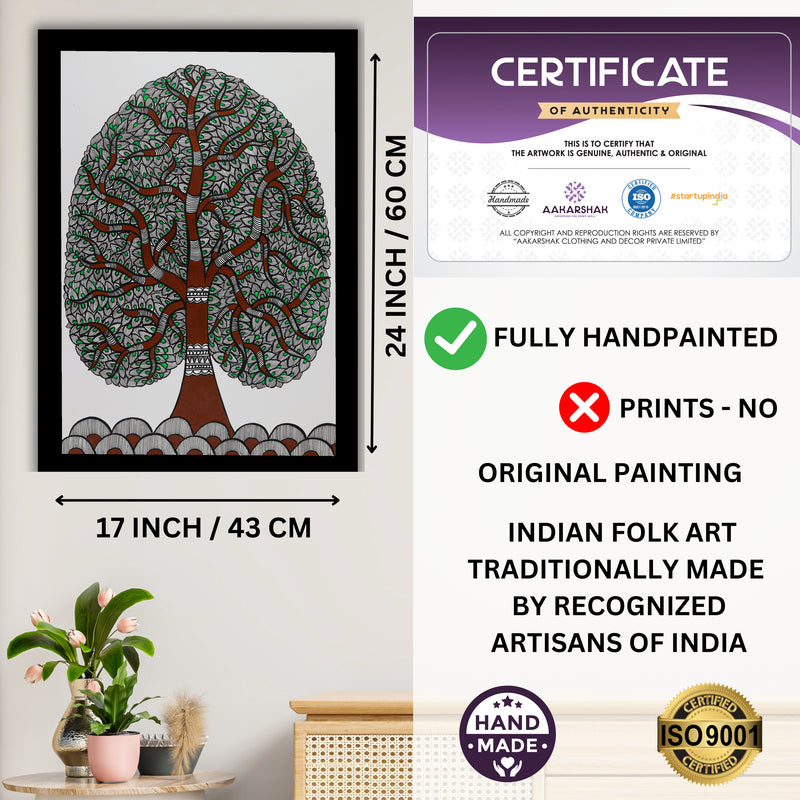 Framed artwork with dimensions, authenticity certificate and handmade iso certified-tree of life madhubani painting