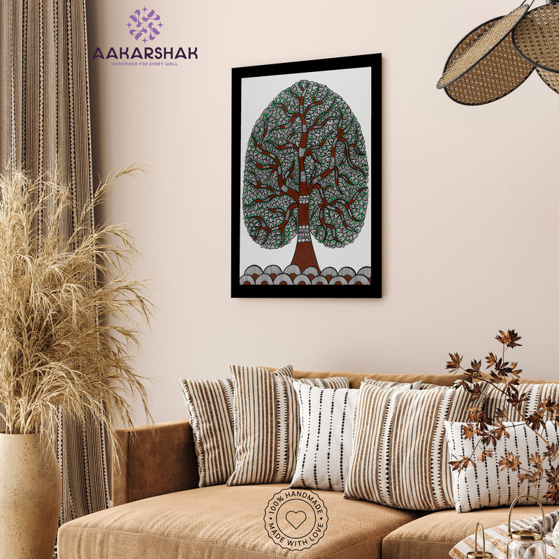 vibrant handmade tree of life painting-depicting indian folk