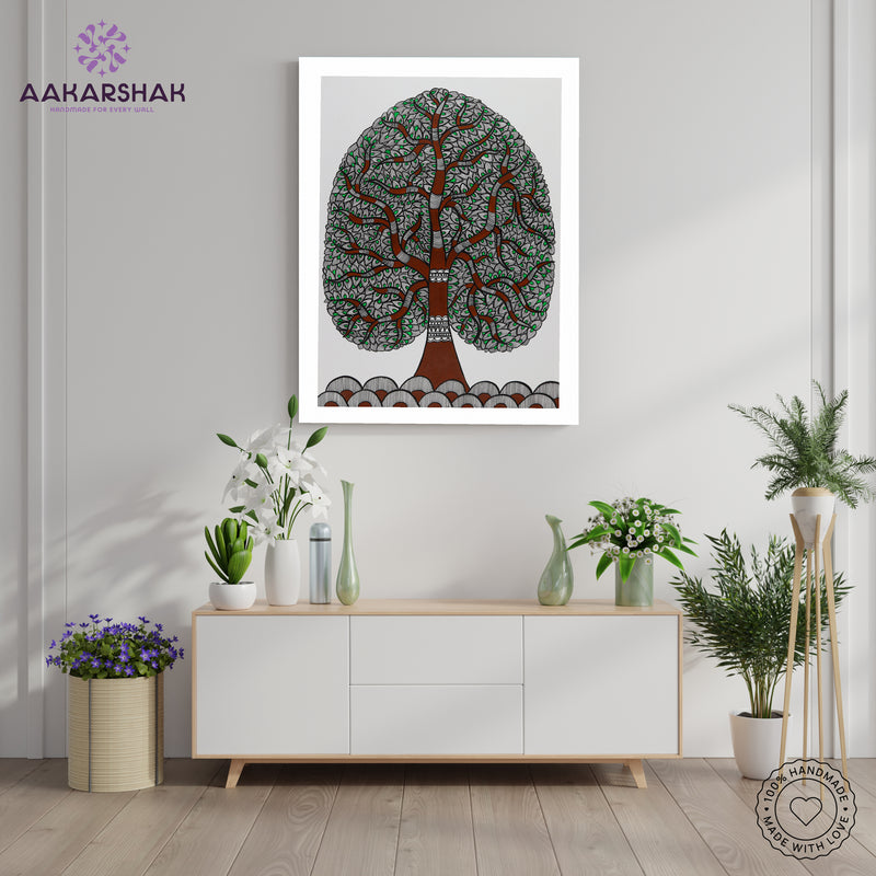 Framed artwork with tree of life design -handmade madhubani painting for home decor