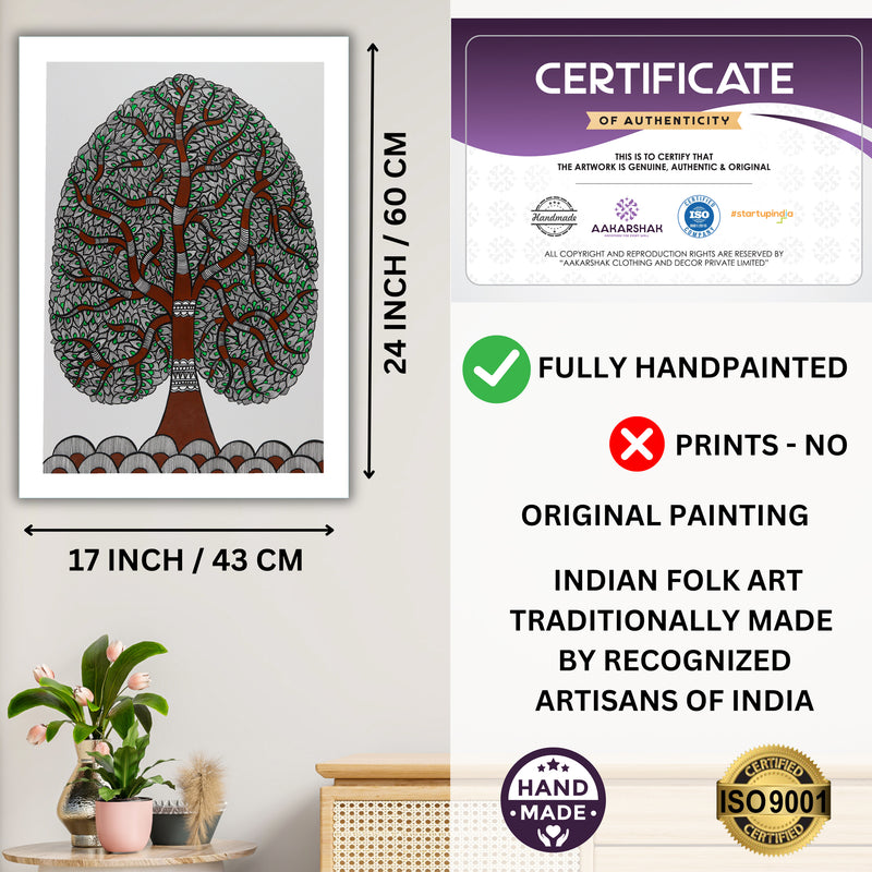Framed artwork with dimensions, authenticity certificate and handmade iso certified-tree of life madhubani painting