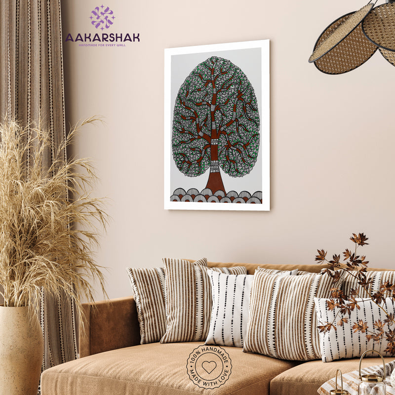 vibrant handmade tree of life painting-depicting indian folk