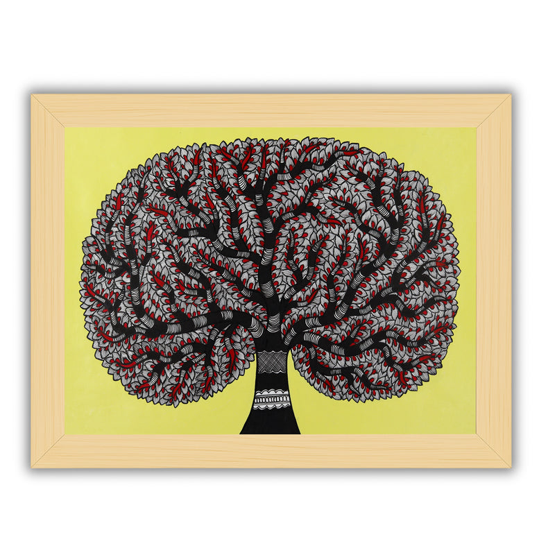 Framed artwork of a colorful tree of life-with handmade madhubani painting
