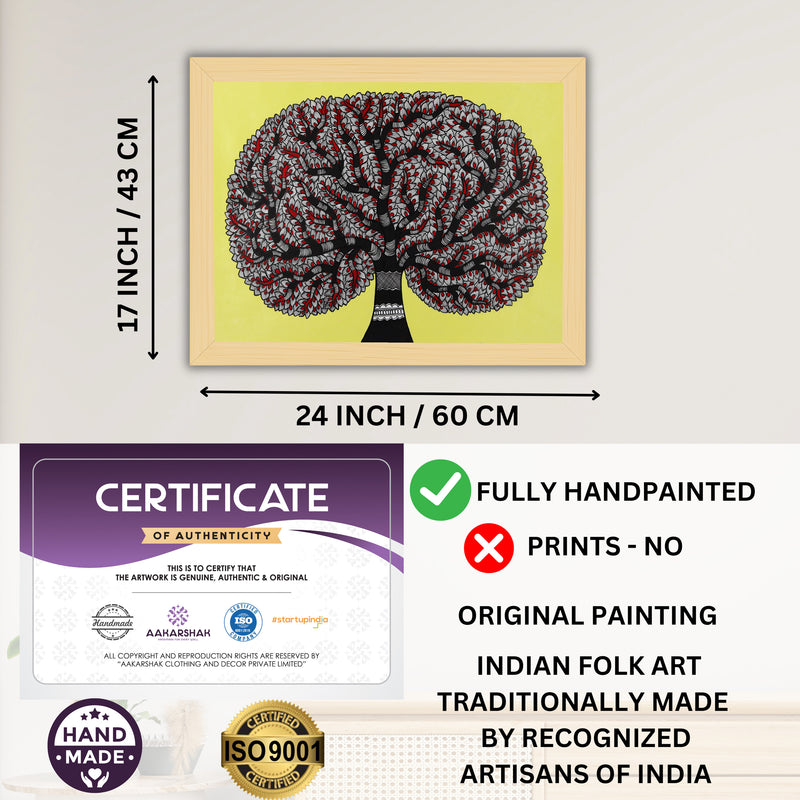 Framed artwork with dimensions, authenticity certificate and handmade iso certified-tree of life madhubani painting