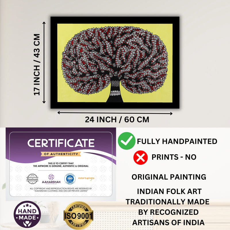Framed artwork with dimensions, authenticity certificate and handmade iso certified-tree of life madhubani painting