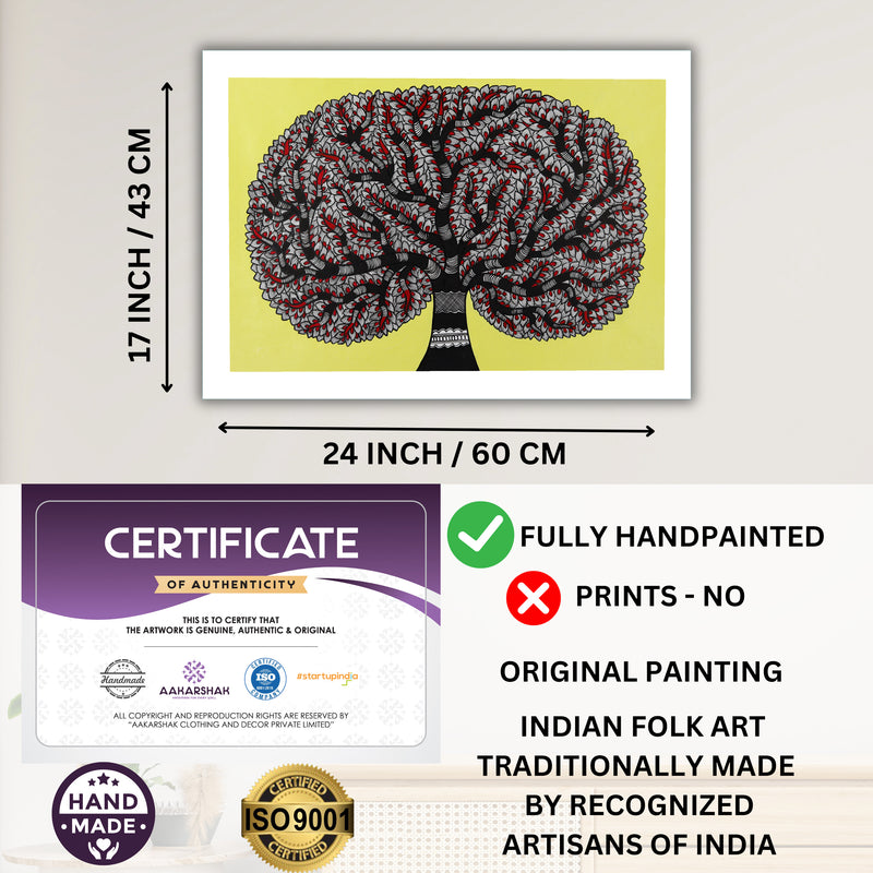 Framed artwork with dimensions, authenticity certificate and handmade iso certified-tree of life madhubani painting