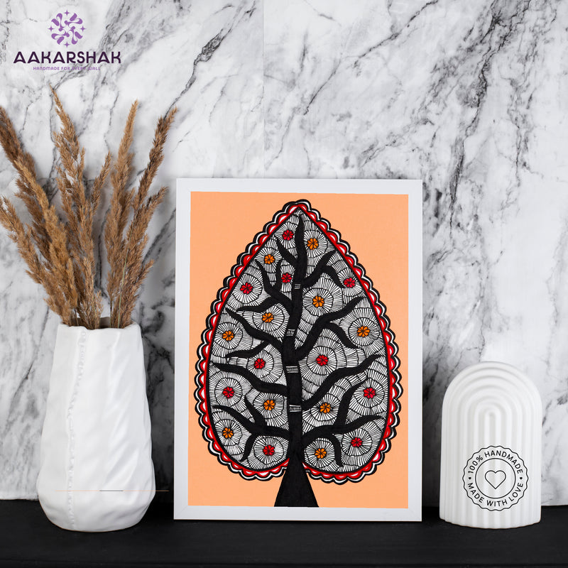 handmade madhubani painting tree of life painting-with tabletop stand for home decor