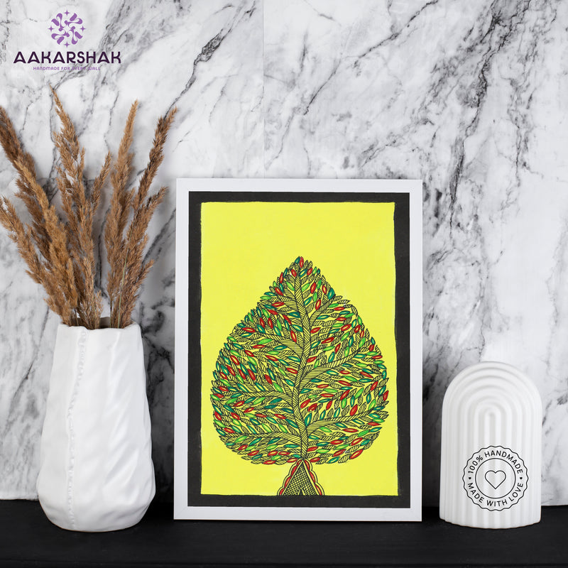 handmade madhubani painting tree of life painting-with tabletop stand for home decor