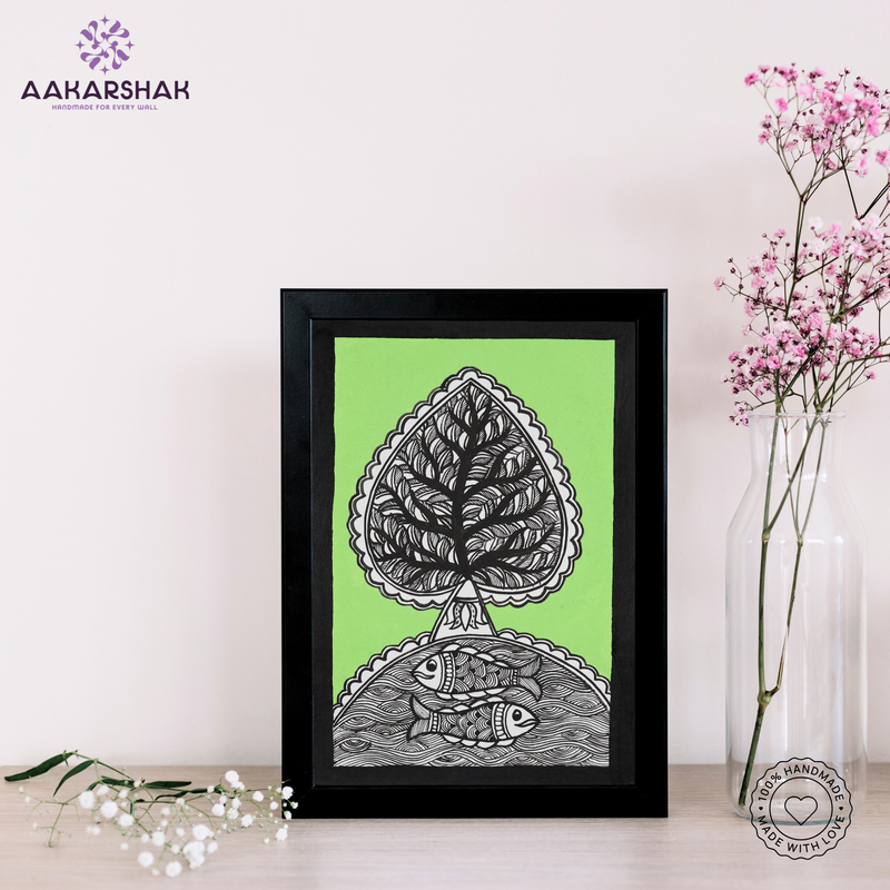 handmade madhubani painting bamboo painting-with tabletop stand for home decor