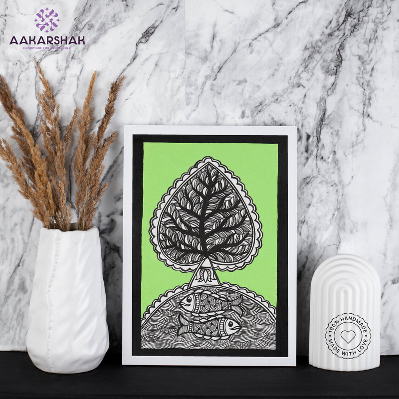 handmade madhubani painting bamboo painting-with tabletop stand for home decor