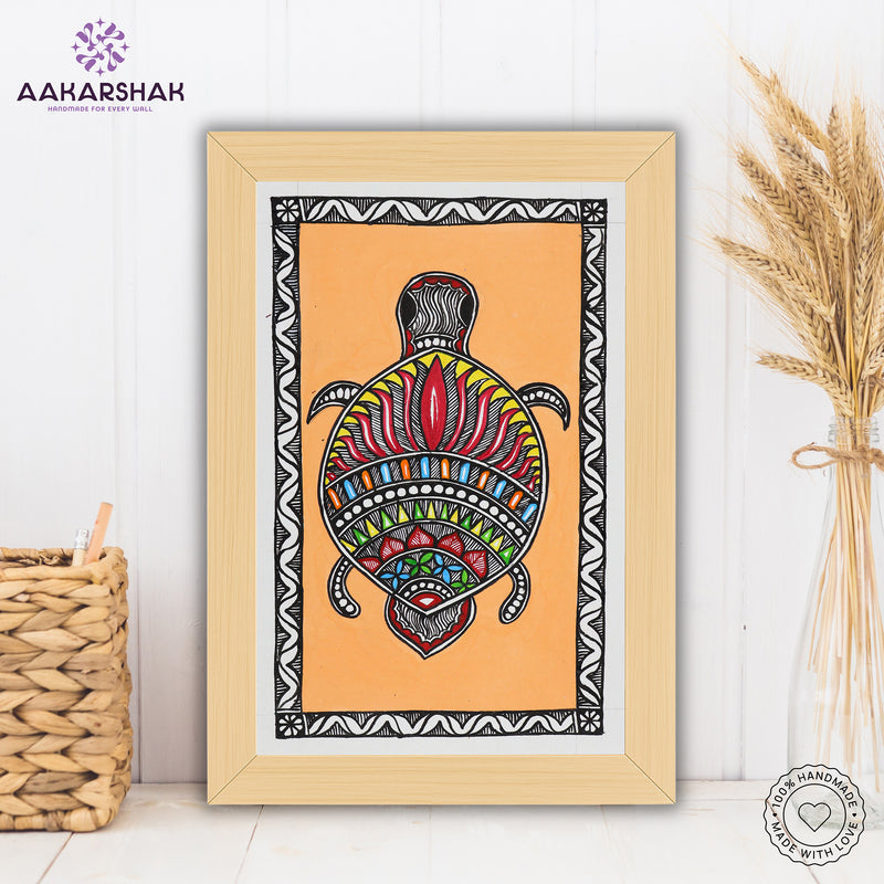 Handmade Madhubani Painting Turtle Mithila Art for Wall Decor 8x12
