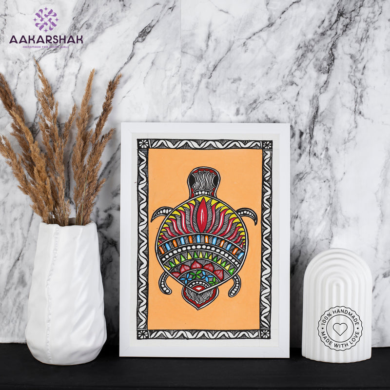 handmade madhubani painting turtle painting-with tabletop stand for home decor