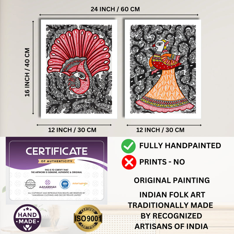 Handmade Madhubani Painting Set of 2 – Dancing peacock 12x16