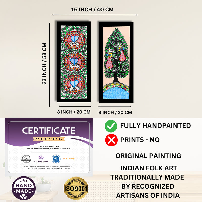 Handmade Madhubani Painting Set of 2 – Fish & Peacock Wall Decor 8x23