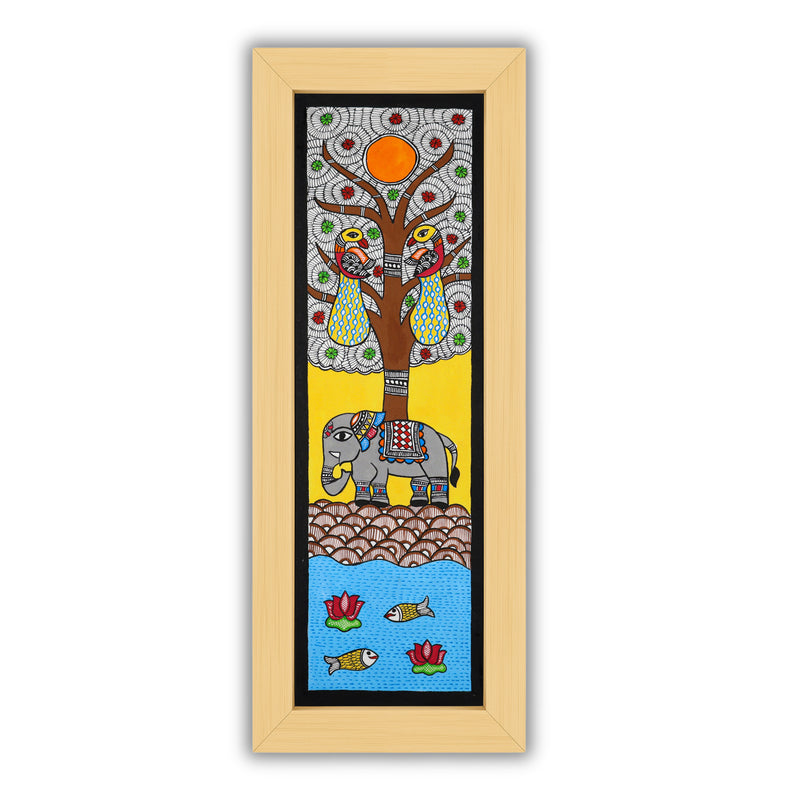 Framed artwork of a colorful elephant-with handmade madhubani painting