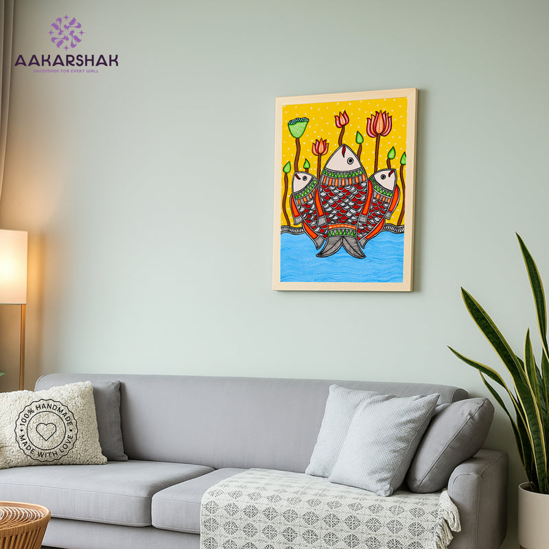Handmade Madhubani Fish Painting 12x16 Inch Wall Decor