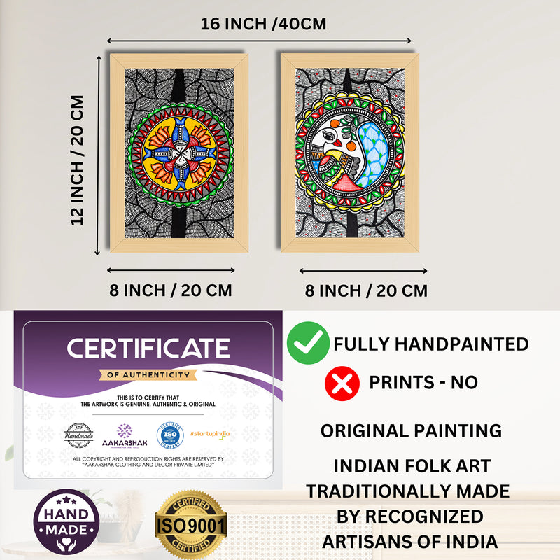 Handmade Fish and Peacock Madhubani Painting 8x12 Set of 2
