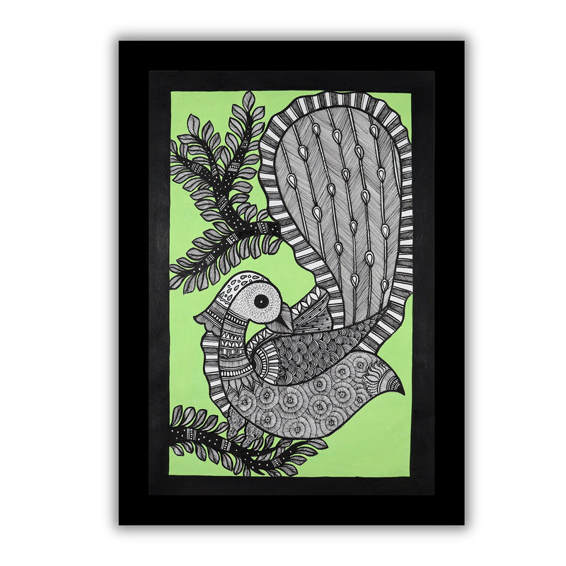 Handmade Madhubani art Peacock Painting Framed Indian Wall Decor 17x24 Inch