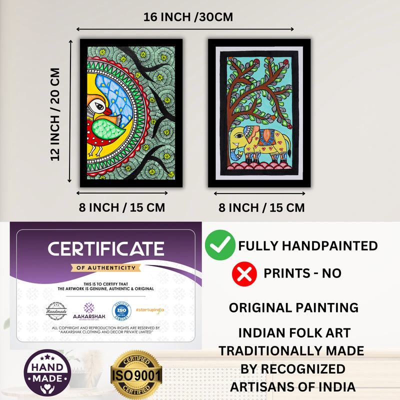 Handmade Peacock and Elephant Madhubani Painting 8x12 Set of 2