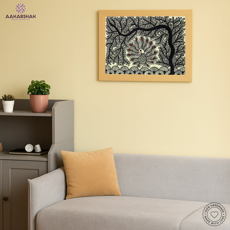 Handmade Dancing Peacock Madhubani Painting Wall Decor 12x16