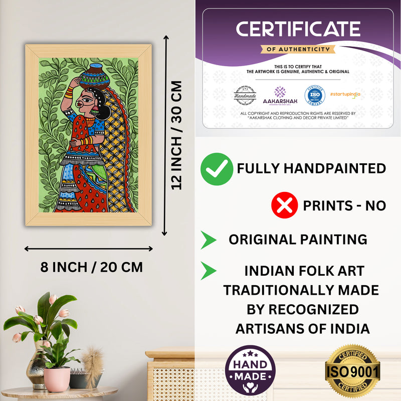 Handmade Madhubani Lady Painting 8x12 Inch Framed Indian Wall Decor