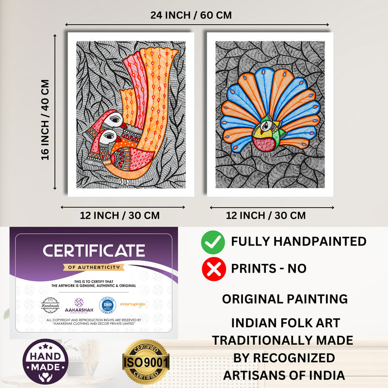 Handmade Madhubani Painting Set of 2 – Peacock 12x16