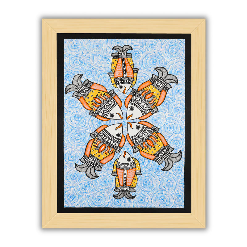 Handmade Madhubani art Fish Painting Framed Indian Wall Decor 17x24 Inch