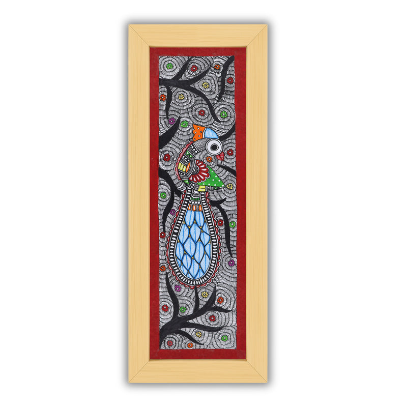 Framed artwork of a colorful peacock-with handmade madhubani painting